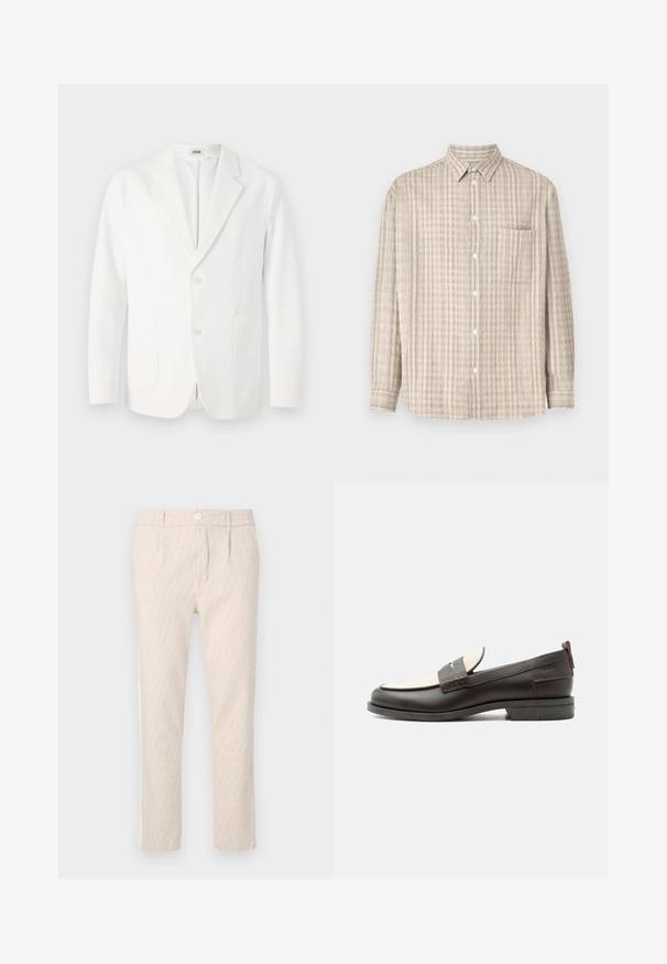 Hvid blazer lavet af glat stof, med somme lapel, to knapper og to forlommer. Enkel, skræddersyet design.; Button-up skjorte i lys beige, med et ternet mønster, lange ærmer, en brystlomme og et almindeligt kravedesign.; Beige mønstrede bukser med et diskret bladmotiv, veltilpassede, med knaplukning og sidelommer. Glat stoffetekstur.; Mørkebrune herresko i læder med cremefarvet stofpanel og klassisk syning på remmen, flad sål og trækskærm ved hælen.