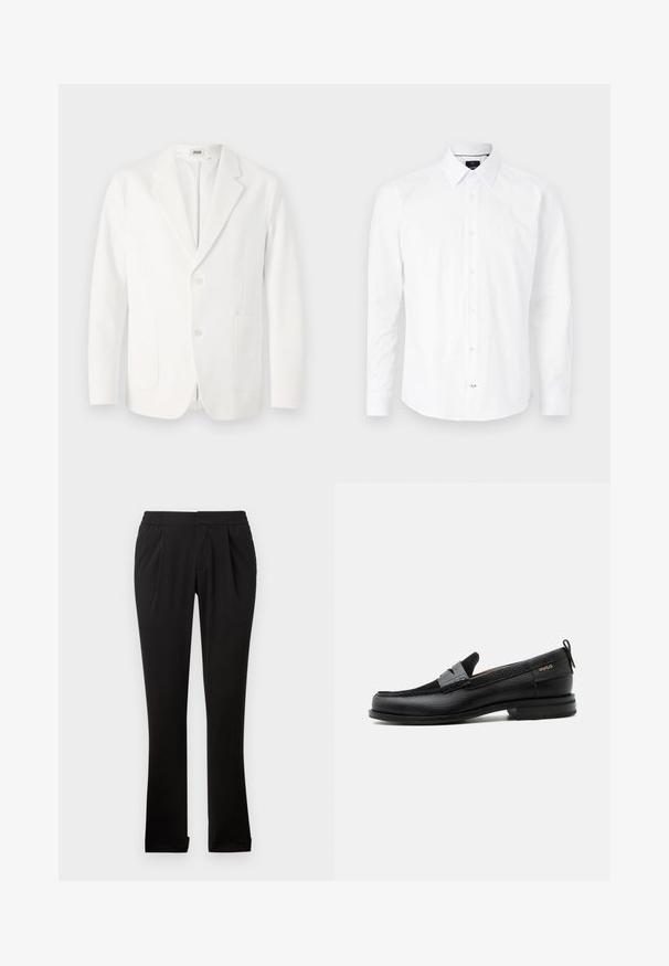 Hvid blazer lavet af glat stof, med somme lapel, to knapper og to forlommer. Enkel, skræddersyet design.; Hvid langærmet skjorte lavet af bomuld. Har en knap-ned krave, frontlukning med knapper i pink og buet bund.; Sorte bukser lavet af glat stof med elastisk talje, lige ben, frontfolder og opretstående sømme. Enkel og alsidig design.; Sort læderloafer med grå remdetalje, lav hæl og tekstureret sål, mærket med "HUGO" i guld på siden.