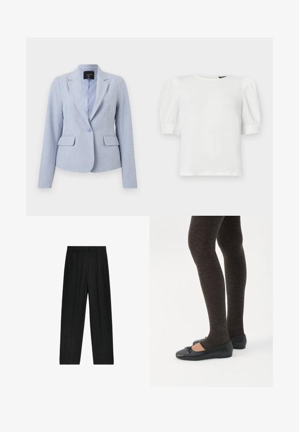 Lyseblå blazer med én knap, hakkede revers, klaplommer, lange ærmer og glat inderfor.; Hvid tekstureret kortærmet top med rund halsudskæring, med puffede ærmer og et subtilt krøllet design.; Sorte, højtaljede bukser med lige ben-design, der har plisseringer og sidelommer, lavet af et letvægtsstof.; Ben iført mørke ribbede leggings kombineret med sorte balletsko med små sløjfedetaljer på hvid baggrund.