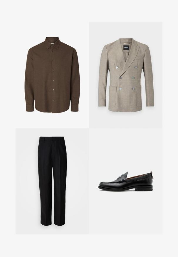 Beige dubbelzijdige blazer van een gestructureerde stof, met twee voorzakken en metalen knopen. Het label toont "BOSS."; Bruin overhemd met lange mouwen en knopen, klassieke kraag en manchetten met één knoop, afgebeeld tegen een witte achtergrond.; Zwarte broek van gladde stof, met een recht gesneden ontwerp, vlakke voorkant en riemlussen, weergegeven tegen een effen achtergrond.; Zwarte leren herensloffen met moc toe stiksel, pennyriem, gestructureerde kraag en lage gestapelde hak op witte achtergrond.
