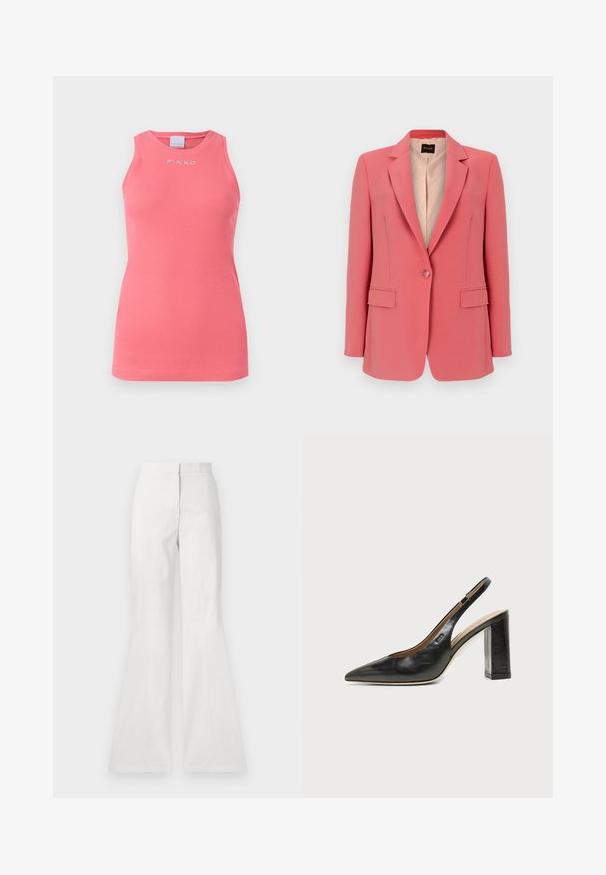 Koralfarvet blazer med enkelt knap, haklapper, klaplommer og lys beige indvendig for, hængende mod en neutral baggrund.; Ærmeløs lyserød ribbet tanktop med rund halsudskæring, prydet med et lille hvidt "PINKO" logo centreret på brystet.; Hvide flagrende bukser lavet af letvægtsstof, med en glat tekstur, detalje med søm fortil og en tætsiddende talje.; Sort læder peep-toe slingback sko med høj blokhæl og beige indvendig foring mod en ensfarvet lys baggrund.