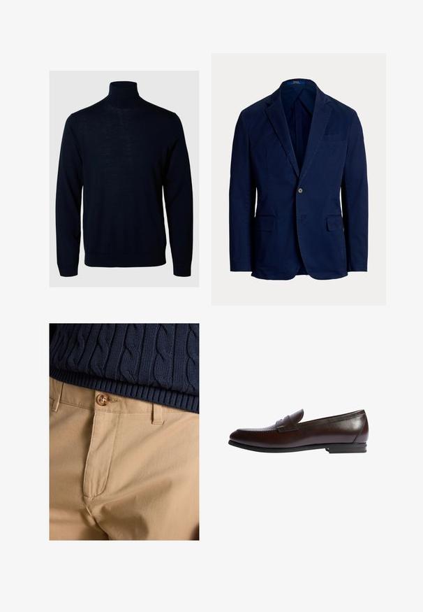 Blazer azul marino de un solo botón con solapas con muesca y bolsillos con solapa, corte ajustado, etiqueta Polo Ralph Lauren en el interior del cuello.; Suéter de cuello alto azul marino, de manga larga, con puños y dobladillo acanalados, hecho de una tela suave con una textura lisa y un diseño minimalista.; Primer plano de pantalones beige con cierre de botón combinados con el dobladillo de un suéter de punto con trenzas azul marino.; Scarosso RENATO - Zapatos sin cordones - brown calf
