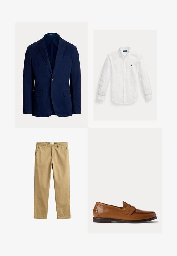 Blazer azul-marinho de um botão só, com lapelas recortadas e bolsos com aba, corte ajustado, etiqueta Polo Ralph Lauren no interior da gola.; Camisa branca de manga comprida com botões, gola e pequeno logótipo Polo Ralph Lauren azul bordado no peito esquerdo.; Calças bege de perna reta com passantes para cinto, fecho de correr e botão, e bolsos laterais frontais, apresentadas estendidas sobre um fundo branco.; Sapato penny loafer em pele castanha com salto baixo e detalhes cosidos na frente e nos lados, mostrado de perfil sobre fundo branco.