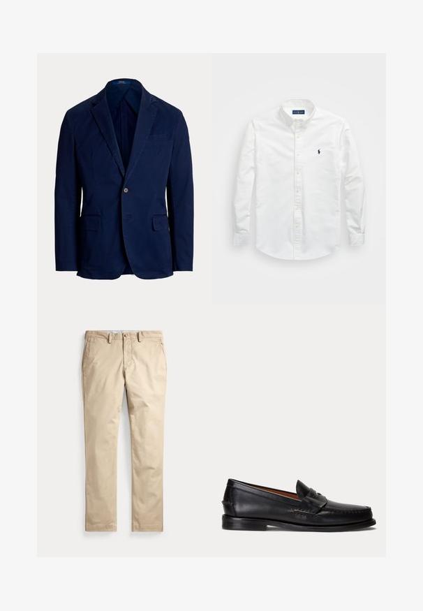 Marineblauwe blazer met één knoop, met inkeping revers en klepzakken, getailleerde pasvorm, Polo Ralph Lauren label binnen in de kraag.; Witte button-up shirt van katoen. Voorzien van een puntige kraag, lange mouwen en een klein marineblauw logo op de borst. Gladde textuur.; Beige chino’s met een platte voorkant, riemlussen, zijzakken en een knoopsluiting bij de taille tegen een witte achtergrond.; Zwarte leren loafer met lage hak en penny-strap detail, van opzij getoond op een lichtgrijze achtergrond.