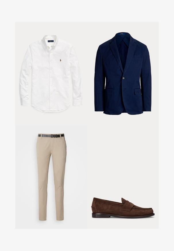 Marineblauer Ein-Knopf-Blazer mit Kerbkragen und Pattentaschen, taillierte Passform, Polo Ralph Lauren Label innen am Kragen.; Weißes, langärmliges Hemd mit Knopfleiste und Kragen sowie kleinem, gesticktem Logo auf der linken Brust, flach auf einem einfarbigen Hintergrund liegend.; Beige Chinos mit schmaler Passform, aus weichem Baumwollstoff gefertigt. Sie verfügen über einen schwarzen, strukturierten Gürtel, zwei seitliche Taschen und eine glatte Oberfläche.; Brauner Wildleder-Pennyloafer mit niedrigem Absatz und sichtbarer Naht an Zehen-, Seiten- und Rückbereich, dargestellt auf hellem, einfarbigem Hintergrund.