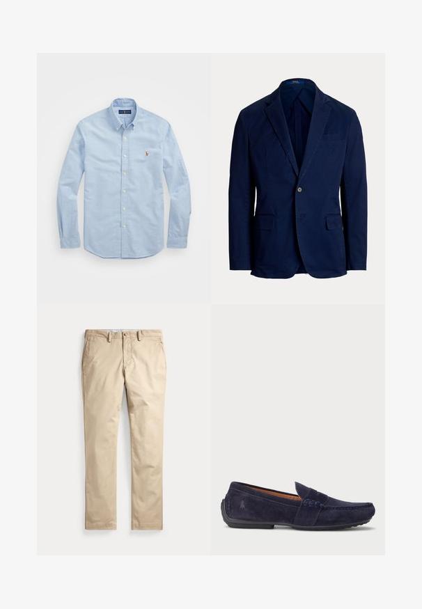 Tumesinine ühe nupuga jakk sälgudega ja klapiga taskutega, vormis lõige, Polo Ralph Lauren silt krae sees.; Heledad sinine pika varrukaga nööpidega särk, mis on valmistatud puuvillast, klassikalise kraega ja rinnal on väike punane tikandiga logo.; Beežid sirge eesosaga chinos-püksid vööaasade, küljetaskute ja nööpidega vöökoha kinnitusega valgel taustal.; Tumesinine sametist mokassiini jalanõu, millel on õmmeldud disain, ümmargune varvas ja tekstureeritud kummitald. Küljel on peen märk.