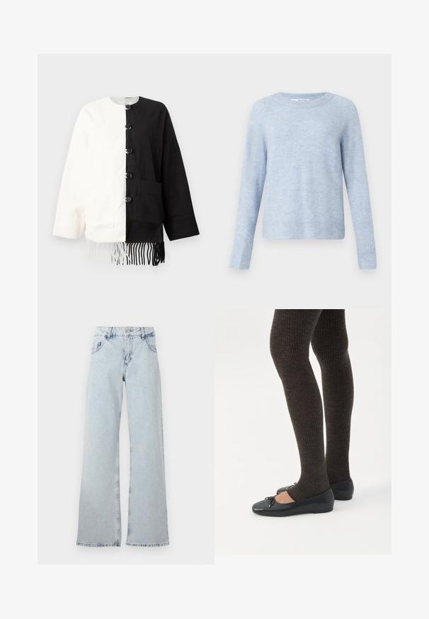 Veste à manches longues fendue verticalement, moitié gauche blanche et moitié droite noire, avec des boutons noirs et une frange assortie en bas.; Pull bleu clair en tissu doux et texturé, doté d'un col rond, de manches longues, et de bords côtelés aux poignets et à l'ourlet.; Jeans large bleu clair en denim, avec une taille haute, des passants de ceinture, cinq poches et des zones décolorées pour un aspect vintage.; Jambes portant des leggings côtelés foncés associés à des ballerines noires avec de petits détails en nœud sur fond blanc.