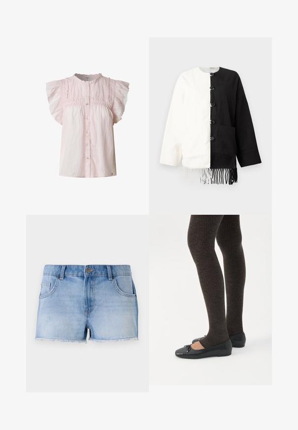 Chaqueta de manga larga dividida verticalmente, mitad izquierda blanca y mitad derecha negra, con botones negros y flecos a juego en la parte inferior.; Blusa rosa claro con mangas cortas abullonadas, cuerpo fruncido, escote redondo y cierre de botones en la parte frontal. Hecha de una tela ligera con una textura suave.; Shorts de mezclilla de color azul claro con dobladillo deshilachado, cinco bolsillos y cierre botón en la parte delantera. Presentan un lavado desvanecido y corte recto.; Piernas con leggings oscuros acanalados combinados con bailarinas negras que presentan pequeños detalles de lazo sobre un fondo blanco.