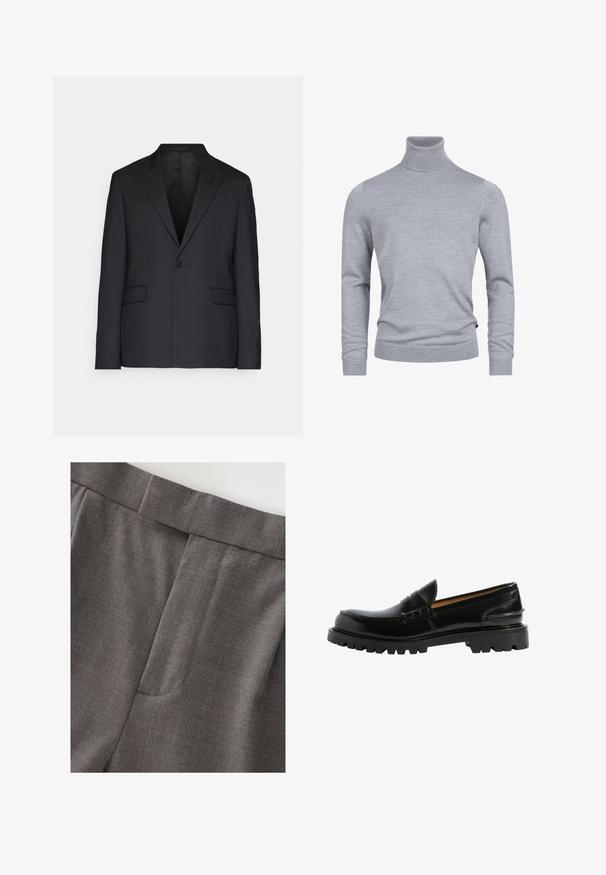 Schwarzer Blazer aus glattem Stoff, mit einem Knopf, Reverskragen und zwei Fronttaschen. Maßgeschneiderte Passform mit einer strukturierten Silhouette.; Grauer Rollkragenpullover aus weichem Strickstoff. Mit langen Ärmeln und einer figurbetonten Passform, verfügt über gerippte Bündchen und Saum. Einfache, glatte Textur.; Graue maßgeschneiderte Hosen mit glatter Textur, gerader Form und einem dezenten Fronttaschendetail. Der Bund ist ordentlich verarbeitet.; Schwarze Lederloafers mit einer bequemen Silhouette, strukturierten Details im Obermaterial und einer robusten schwarzen Gummisohle.