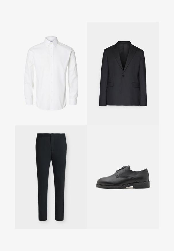 Schwarzer Blazer aus glattem Stoff, mit einem Knopf, Reverskragen und zwei Fronttaschen. Maßgeschneiderte Passform mit einer strukturierten Silhouette.; Weißes langärmeliges Hemd mit spitzem Kragen, sichtbaren Knöpfen auf der Vorderseite und geknöpften Manschetten.; Schwarze, schmal geschnittene Anzughose mit Gürtelschlaufen, Frontreißverschluss und ohne sichtbare Taschen, vor einem schlichten weißen Hintergrund präsentiert.; Schwarze Leder-Oxfordschuhe mit runder Zehenform, glatter Oberfläche, fünf Ösen für die Schnürung und niedrigem, gestapeltem Absatz.