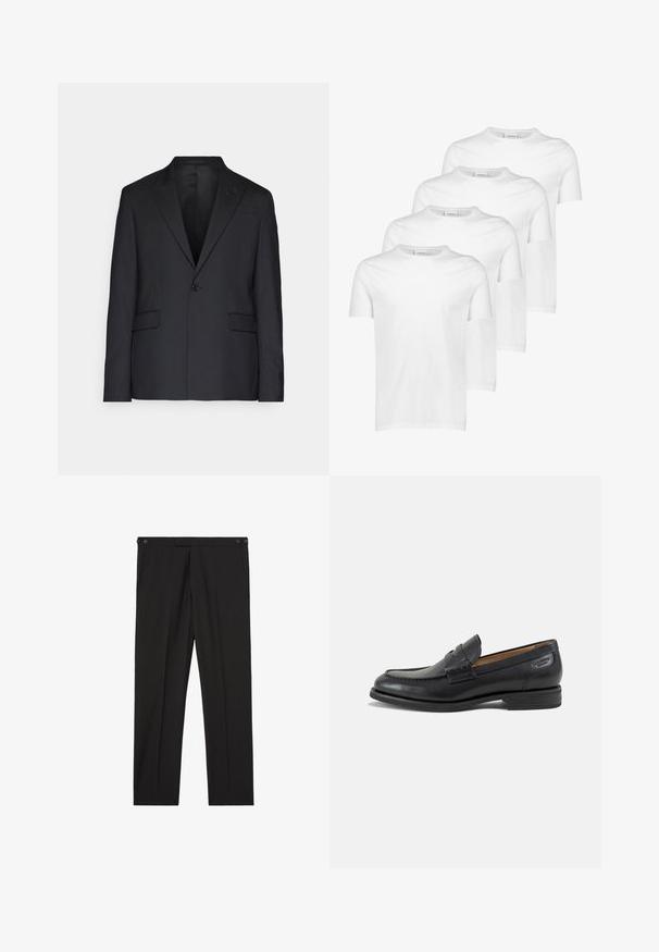 Zwarte blazer van soepel materiaal, met een enkele knoop, notch-revers en twee voorzakken. Getailleerde fit met een gestructureerde silhouet.; Witte katoenen T-shirts, korte mouwen, ronde halslijn, gladde textuur, vier stuks gestapeld met een consistent ontwerp en zonder patronen of accenten.; Zwarte rechte broek met zijzakken en knoopdetails in de taille, weergegeven tegen een witte achtergrond.; Zwarte leren herenloafer met gestikte details, lage gestapelde hak en een smalle band over de bovenzijde, zijaanzicht op een witte achtergrond.