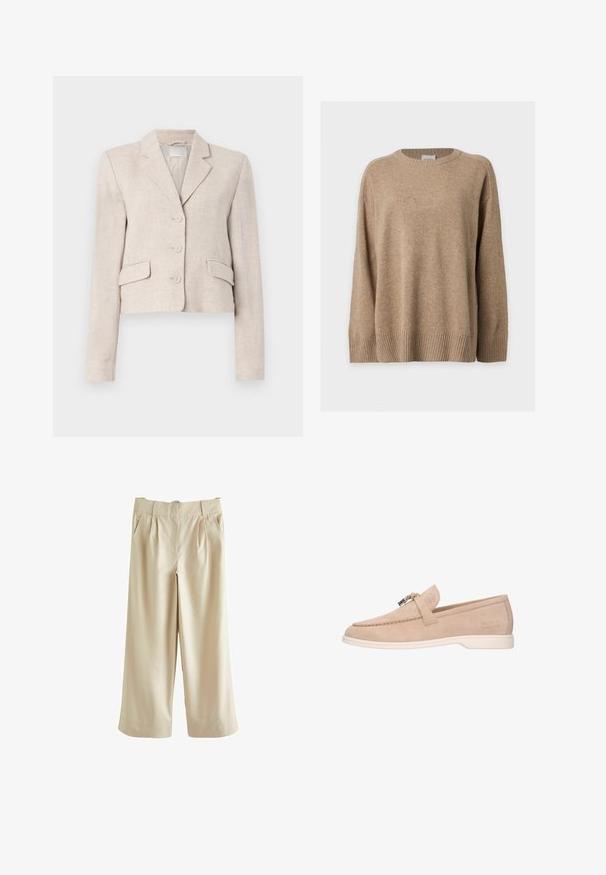 Blazer de lino beige con corte ajustado, solapas con muesca, cierre de tres botones y dos bolsillos frontales. Textura suave con un sutil tejido.; Jersey de punto beige de manga larga con puños, bajo y cuello redondo acanalados, mostrado extendido sobre un fondo blanco.; Next SMART WIDE LEG - Pantalones - stone; Mocasín beige de ante sin cordones con suela blanca, detalle de hebilla metálica en la parte superior y "Melvin & Hamilton" grabado en el lateral.