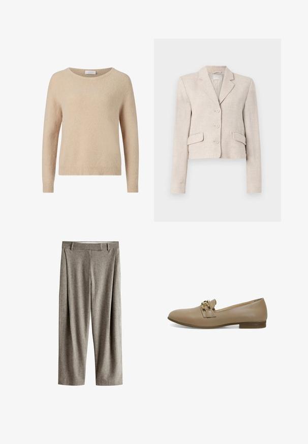 Blazer de lino beige con corte ajustado, solapas con muesca, cierre de tres botones y dos bolsillos frontales. Textura suave con un sutil tejido.; Suéter de punto beige con escote redondo, mangas largas y dobladillo acanalado. Textura suave y corte informal. Etiqueta visible en el escote.; Pantalones grises de mezcla de lana con corte recto, trabillas para cinturón y pliegues delanteros, mostrados sobre un fondo blanco.; Mocasines de cuero beige con tacón bajo, que presentan una correa decorativa con acentos metálicos y textura suave. Diseño clásico y fácil de poner.