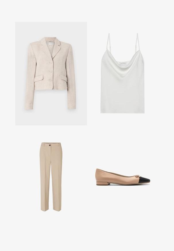 Beige linnen blazer met een getailleerde snit, notch revers, drieknoopssluiting en twee voorzakken. Glad textuur met een subtiele weving.; Witte satijnen camisole met een gedrapeerde halslijn, dunne verstelbare schouderbanden en een rechte zoom. Het label "ANNA FIELD" is zichtbaar aan de binnenkant.; Modström GALE - Broek - powder sand; Beige leren balletschoen met een zwarte neus en een klein strikje aan de voorkant, voorzien van een lage blokhak voor extra steun.