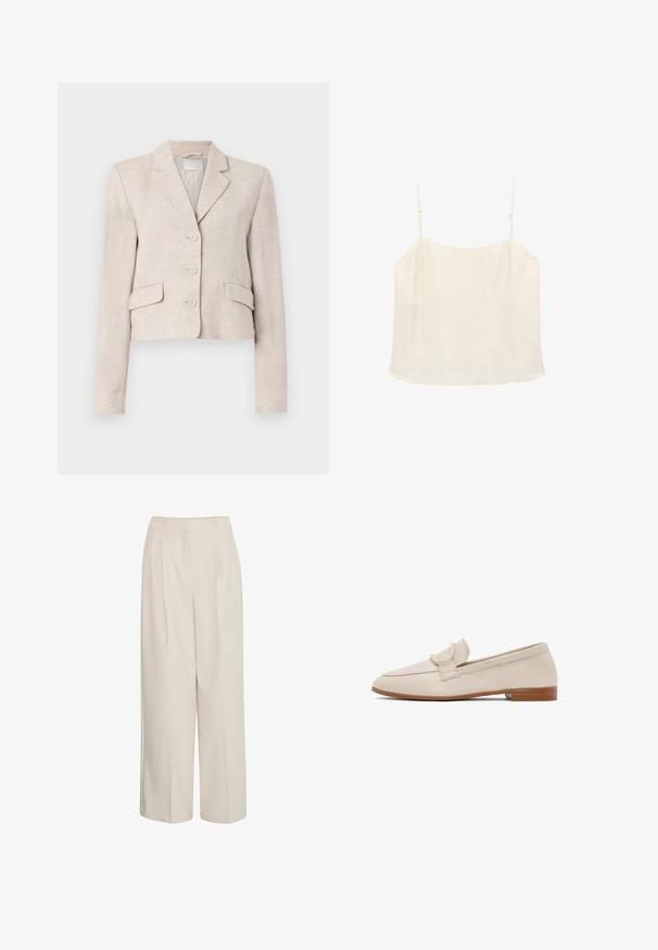 Blazer de lino beige con corte ajustado, solapas con muesca, cierre de tres botones y dos bolsillos frontales. Textura suave con un sutil tejido.; Top de camisola sin mangas de color crema con tirantes finos ajustables y escote recto sobre un fondo blanco.; Pantalones de pierna ancha de cintura alta en crema, con pliegues, fabricados en tejido suave, que presentan un diseño limpio y un ajuste a medida.; Mocasín de cuero beige con tacón apilado bajo de color marrón y detalle de correa en la parte superior, mostrado de perfil sobre fondo blanco.