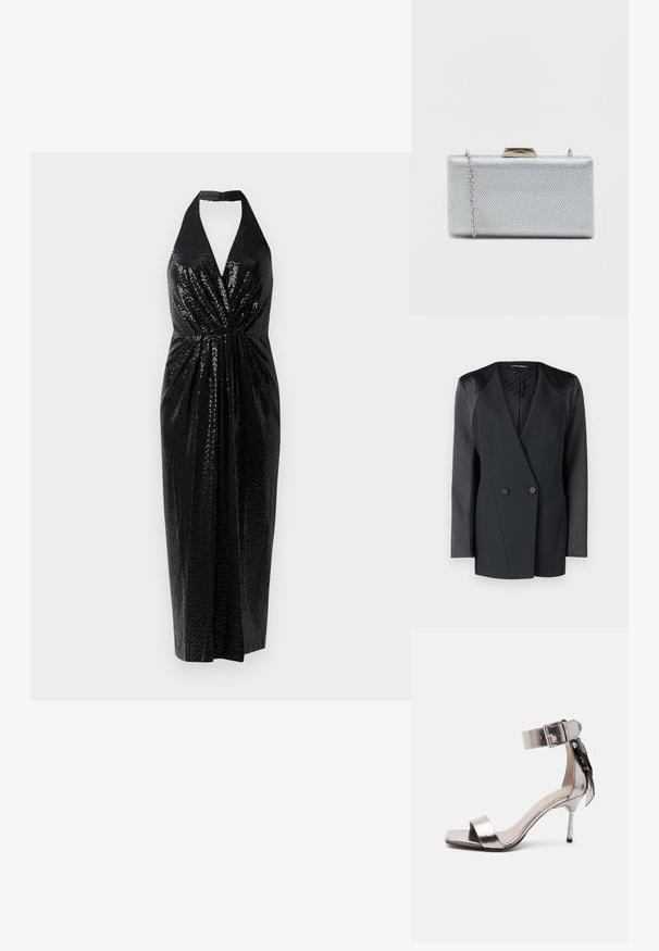 Sort dobbeltradet blazer med en struktureret silhuet, satin skulderdetaljer og en tekstureret indvendig foring. Glat stof med rene linjer.; Sorte halterneck-kjole lavet af perlebesat stof, med en dyb V-udskæring, samlet talje og en tætsiddende silhuet, der falder til midt på læggen.; Metallic sølv åben tå højhælet sandal med ankelrem og spænde, med en dekorativ sløjfe på bagsiden.; Rektangulær sølvclutch lavet af struktureret metallisk stof, med en klipslukning og et aftageligt kædetræk til at bære.