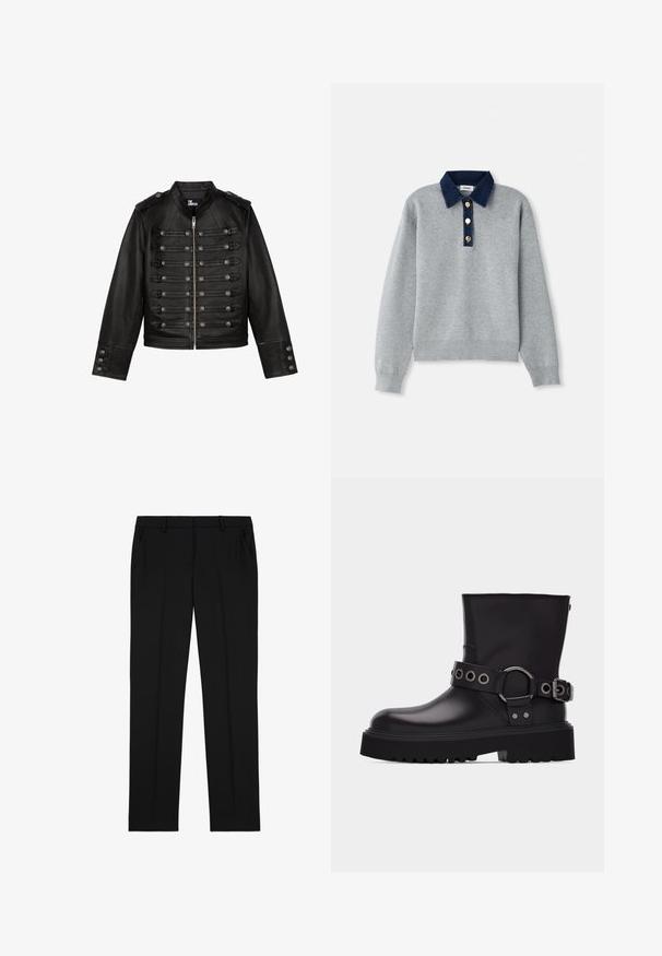 Sort læderjakke med lynlås, militærstilfront med sølvknapper, skulderepauletter og knapmanchet.; Grå sweatshirt med en mørkeblå denimkrave, tre guldknapper og ribbede manchetter. Blød tekstur med et afslappet design.; Sorte skræddersyede bukser med en glat tekstur, der har en flad front, to sidelommer og et klassisk lige ben-design.; Sort læderstøvle til midten af læggen med tyk sål med slidbanemønster, dekorativ rem med sølvmetal-øjer og spænde på siden.