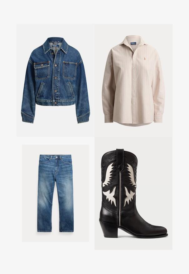 Jeansjacke mit Knopfleiste, zwei Brusttaschen mit Knöpfen, zwei schrägen Seitentaschen und Hemdkragen in mittlerer Blaunuance.; Langärmliges Hemd mit Knopfleiste, rosa und grünen vertikalen Streifen und kleinem gesticktem Logo auf der linken Brustseite.; Blau gewaschene Denim-Jeans mit geradem Bein, Fronttaschen, Gürtelschlaufen und ausgewaschenen Details an Oberschenkeln und Knien.; Schwarze Ledercowboystiefel mit weißen eckigen Akzenten, dekorativer Stickerei, einer spitzen Zehe und einem niedrigen, gestapelten Absatz.