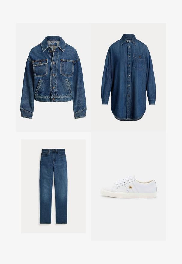 Jeansjacke mit Knopfleiste, zwei Brusttaschen mit Knöpfen, zwei schrägen Seitentaschen und Hemdkragen in mittlerer Blaunuance.; Langärmliges blaues Denim-Hemd mit Brusttasche, auf der ein kleines gesticktes Logo und ein klassischer Kragen zu sehen sind.; Straight-leg blaue Denim-Jeans mit fünf Taschen, Knopfverschluss und subtilen Verwaschungen an Oberschenkeln und Knien, flach auf weißem Hintergrund gelegt.; Lauren Ralph Lauren JANSON II ACTION LEATHER SNEAKER - Sneaker low - real white