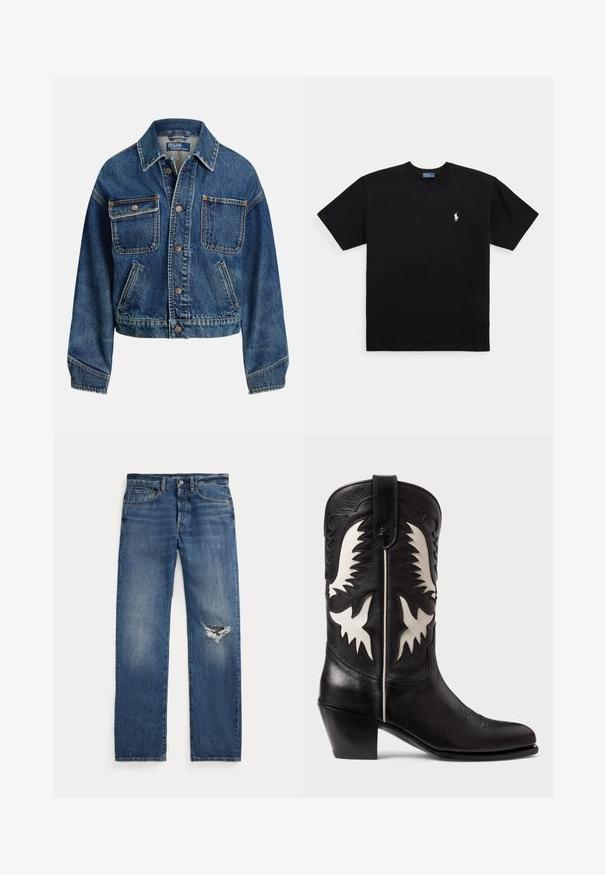 Jeansjacke mit Knopfleiste, zwei Brusttaschen mit Knöpfen, zwei schrägen Seitentaschen und Hemdkragen in mittlerer Blaunuance.; Schwarzes T-Shirt mit kurzen Ärmeln und Rundhalsausschnitt mit kleinem weißem besticktem Polo Ralph Lauren-Logo auf der linken Brust.; Blaue Jeans aus Denim mit mittelhohem Bund, fünf Taschen und einem fransigen Riss am rechten Knie.; Schwarze Ledercowboystiefel mit weißen eckigen Akzenten, dekorativer Stickerei, einer spitzen Zehe und einem niedrigen, gestapelten Absatz.