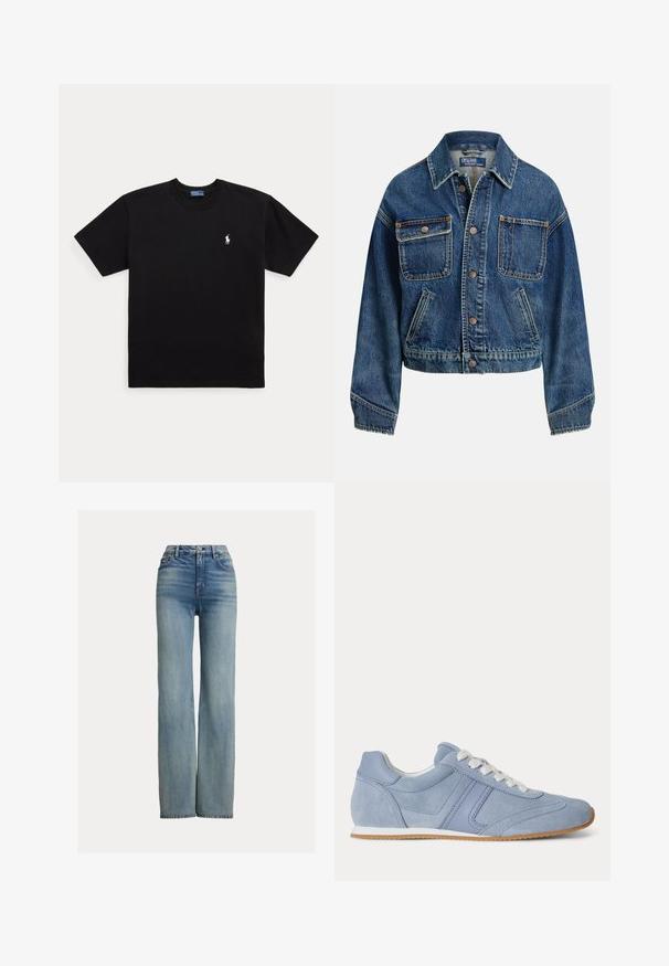 Veste en jean avec fermeture boutonnée, deux poches poitrine boutonnées, deux poches latérales en biais et un col chemise, teinte bleu moyen.; T-shirt noir à manches courtes et col rond avec petit logo brodé blanc Polo Ralph Lauren sur la poitrine gauche.; Jeans bleus taille haute, à jambe droite, avec poches avant, passants de ceinture et fermeture à bouton, présentant des détails légèrement délavés.; Basket en daim bleu clair avec lacets blancs et semelle en gomme, vue de profil sur fond blanc.