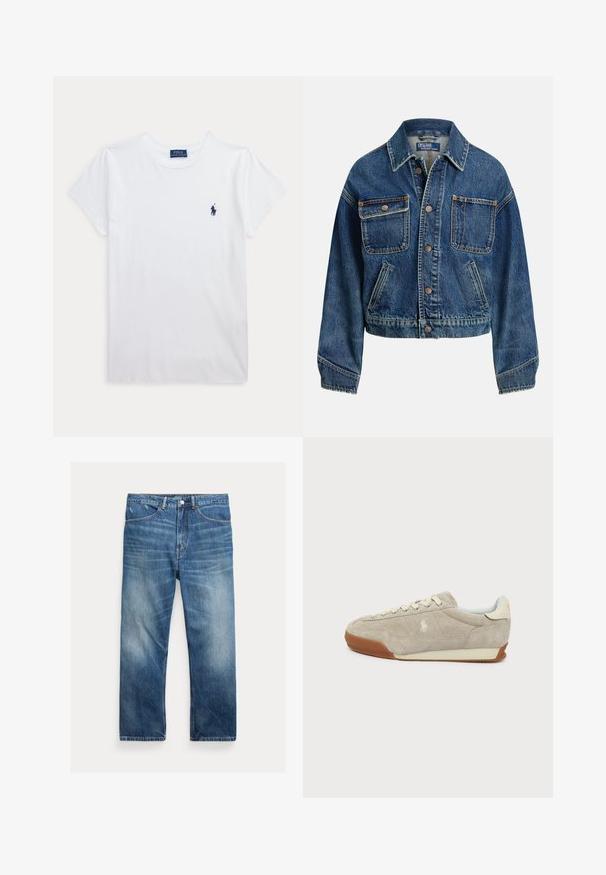 Denimjakke med knaplukning foran, to brystlommer med knapper, to skrå sidelommer og en skjortekrave i medium blå vask.; Hvid t-shirt med korte ærmer og rund hals med lille navyblåt Polo Ralph Lauren-logo på venstre bryst.; Blå vaskede denimjeans med lige ben, forlommer, bæltestropper og falmede detaljer på lår og knæ.; Beige ruskind lavt sneaker med hvide snørebånd, brun gummisål og et lille broderet logo på siden.