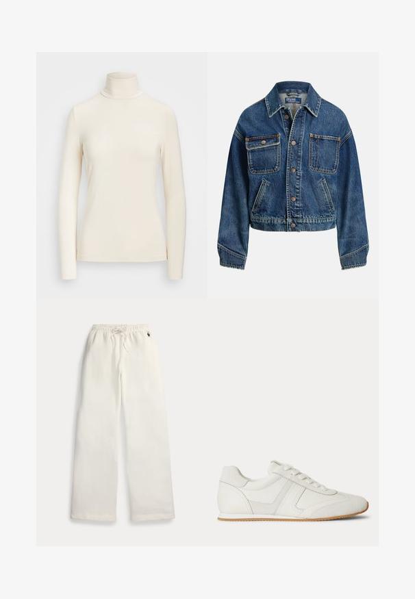 Chaqueta vaquera con cierre de botones, dos bolsillos en el pecho con botones, dos bolsillos laterales diagonales y cuello de camisa en un lavado azul medio.; Top de cuello alto de manga larga en un suave tejido color crema. Presenta un diseño ajustado con un alto cuello y bordes de mangas sin costuras.; Pantalones deportivos blancos de pierna ancha con cintura elástica, cordón, bolsillos laterales y pequeño logo azul marino cerca del bolsillo derecho.; Zapatilla blanca de corte bajo con cordones en la parte frontal, paneles de ante y cuero, y una suela de goma marrón claro sobre un fondo blanco.