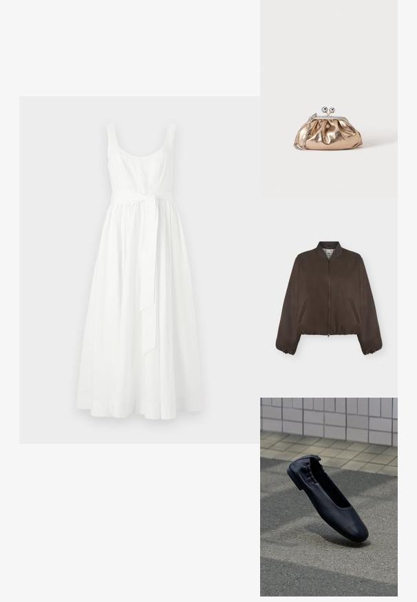 Veste bomber marron foncé avec fermeture éclair à l'avant, col côtelé, poignets élastiques et poches latérales sur un fond clair uni.; Robe blanche sans manches avec un corsage ajusté et une jupe fluide de longueur midi. Dispose d'une ceinture nouée à la taille et d'une texture en coton lisse.; Ballerine en cuir noir avec un dos élastiqué reposant sur un pavement extérieur texturé avec un mur carrelé en arrière-plan.; Petit sac pochette métallique dorée avec fermoir argenté et chaîne sur un fond clair uni.