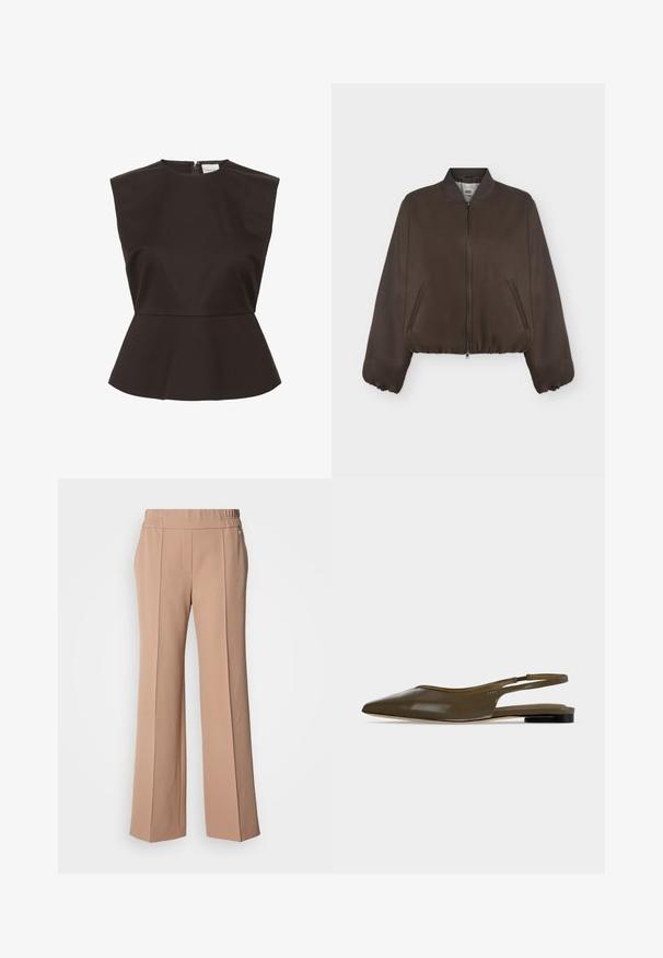 Veste bomber marron foncé avec fermeture éclair à l'avant, col côtelé, poignets élastiques et poches latérales sur un fond clair uni.; Top peplum noir avec un col montant, des épaules structurées et une fermeture éclair dissimulée à l'arrière, fabriqué dans un tissu lisse.; Pantalon large beige clair en tissu lisse. Il présente une taille élastique et des plis à l'avant pour plus de détail.; Chaussure plate à bout pointu vert olive avec bride arrière, talon noir bas et finition lisse et brillante.
