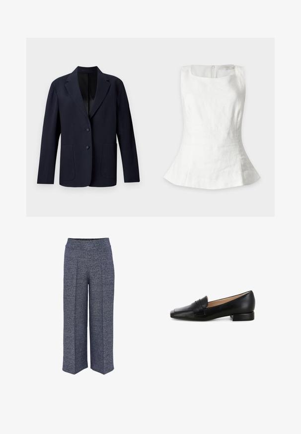 Marineblazer mit strukturiertem Muster, einreihigem Design, Reverskragen, zwei Fronttaschen und zwei Knopfverschlüssen.; Weißes ärmelloses, eng anliegendes Top mit rundem Ausschnitt und leicht ausgestelltem Saum, flach auf hellem Hintergrund gezeigt.; Weite Hosen aus strukturiertem marineblauen Stoff, mit hohem Bund und klaren Vorderfalten für ein strukturiertes Design.; Schwarze Lederloafer mit flachem Absatz, quadratischer Zehenform und einer genähten Riemenverzierung über dem Spann. Glatte Textur mit glänzender Oberfläche.