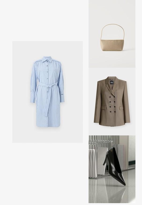 Veste croisée taupe avec revers à cran, six boutons noirs, deux poches à rabat et une poche poitrine passepoilée, présentée sur fond blanc.; Robe-chemise bleu clair à manches longues avec des rayures verticales foncées et une ceinture assortie à nouer à la taille.; Chaussure noire à talon haut avec bout pointu et logo doré, posée sur une surface réfléchissante près d'un organiseur de dossiers en fil chromé contenant des documents.; Sac à main tissé beige avec fine bandoulière et petit logo doré "BOSS" à l'avant, présenté sur fond blanc uni.