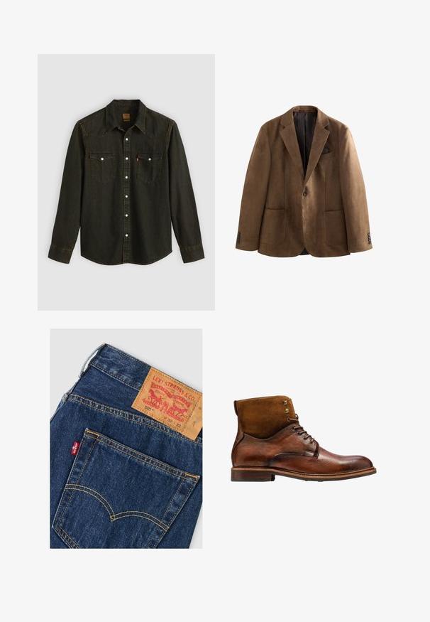 Brun ruskindsblazer med to forlommer, enkelt knaplukning og et mønstret sort foer. Har tre knapper på hver manchet.; Langærmet sort denimskjorte med spids krave, to brystlommer, sølvknapper og gule syninger. Klassisk western-design.; Mørkeblå Levi's jeans i denim med synlig baglomme, gul syning, rød Levi's label og brun lædermærke med størrelsesdetaljer.; Kazar ALID - Snørestøvletter - brown