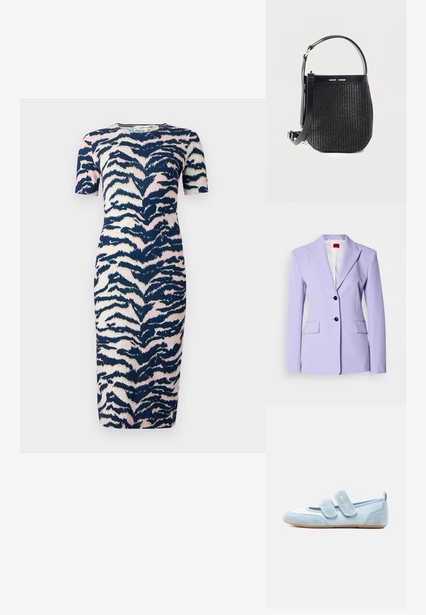 Lys lilla blazer med skræddersyet pasform, hak krave, enkeltstillet design, to forlommer og to sorte knapper.; Knedelange kjole i tætsiddende design med et navy, pink og cremet dyreprintmønster; korte ærmer og rund halsudskæring.; Lyseblå børneortopædisk Mary Jane-sko med to justerbare velcroremme og en gummisål.; Sort vævet håndtaske med rundet bund, læderkant, justerbar skulderrem og Samsøe Samsøe logo på toppen af stroppen.