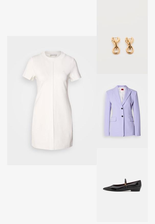 Hele lilla bleiser kohandatud lõikega, sälklapiga, ühe rinnaga, kahe eesmise tasku ja kahe musta nööbiga.; Calvin Klein Jeans MILANO T SHIRT DRESS - Trikotaažkleit - tofu; Mustad lakknahk kingad kitsaste varvaste ja väikese plokknööriga, millel on saledad pahkluu rihmad ja kullatooniga lukkdetail.; Paari läikiva kuldse tooniga rõngaskõrvarõngaid lihtsal valgel taustal, millel on põimunud keerutatud disain.