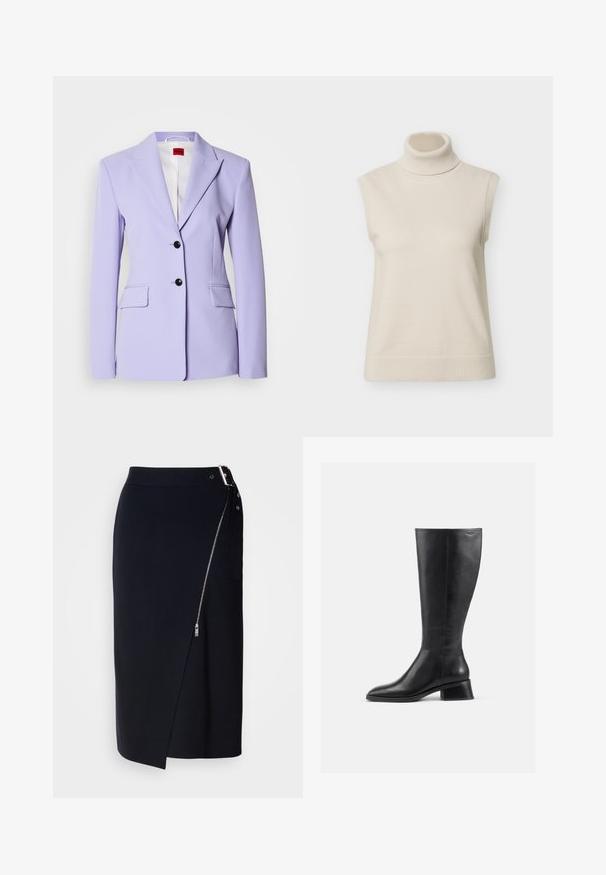 Hellviolette Blazer mit tailliertem Schnitt, Revers mit Kerbe, einreihigem Design, zwei Vorderstaschen und zwei schwarzen Knöpfen.; Ärmelloser beiger Strickpullover mit Rollkragen, Rippstrick an Hals- und Saumabschlüssen, vor weißem Hintergrund dargestellt.; Marineblauer Bleistiftrock aus dehnbarem Stoff, mit seitlichem Reißverschluss, asymmetrischem Saum und einer eleganten Silhouette.; Schwarze Lederstiefel bis zur Knee mit abgerundeter Spitze und niedrigem Blockabsatz. Verfügt über eine glatte Oberfläche und minimale Nahtdetails.
