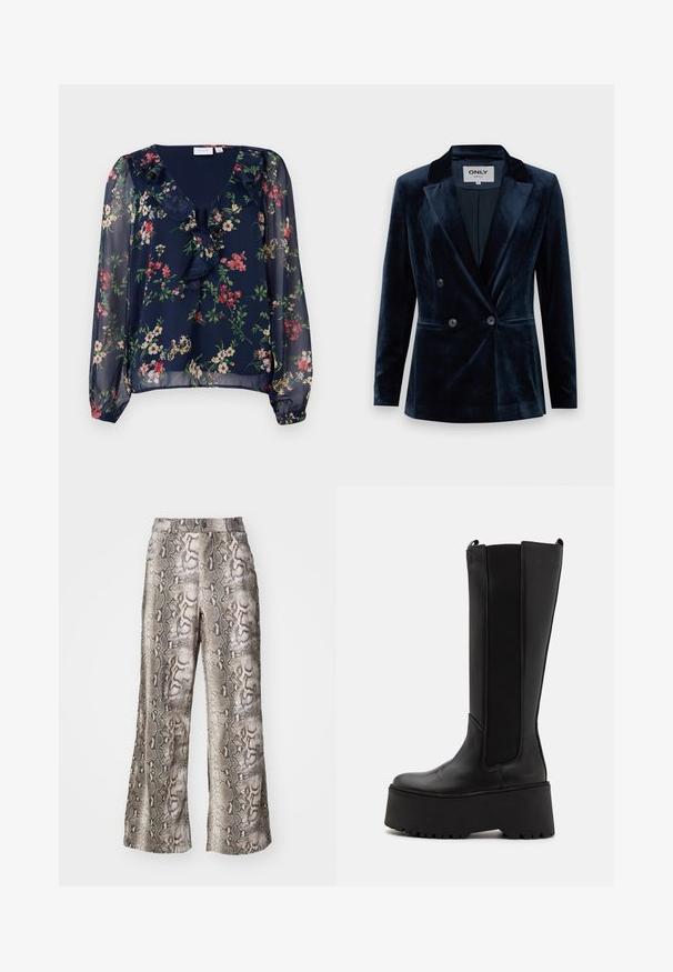 ONLY ONLASTRID ELSY FIT - Blazer - night sky; Mørkeblå, gennemsigtig bluse med blomsterprint. Har en v-halsudskæring, flæse detaljer og lange, puffede ærmer med elastiske manchetter.; Bredde ben bukser i slangeprint, med en blanding af grå, brun og beige nuancer, lavet af glat stof med en let glans.; Sort knæhøje støvler med en glat læderoverdel, elastiske sidepaneler og en tykk platformssål med en skridsikker bund.