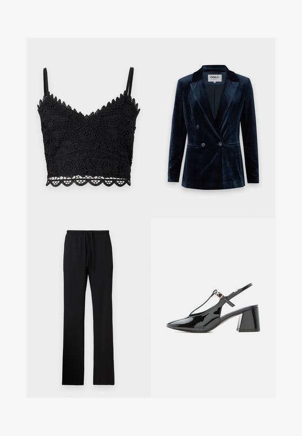 ONLY ONLASTRID ELSY FIT - Blazer - night sky; Bralette en dentelle noire avec motif floral, bords festonnés, bretelles réglables et tissu texturé. Conception légère et ajustée.; Pantalon à taille élastique noire avec cordon de serrage, présentant une texture lisse et des jambes droites et longues sans poches.; Chaussure slingback en cuir verni noir à petit talon, bout pointu et bride en T avec une petite boucle dorée.