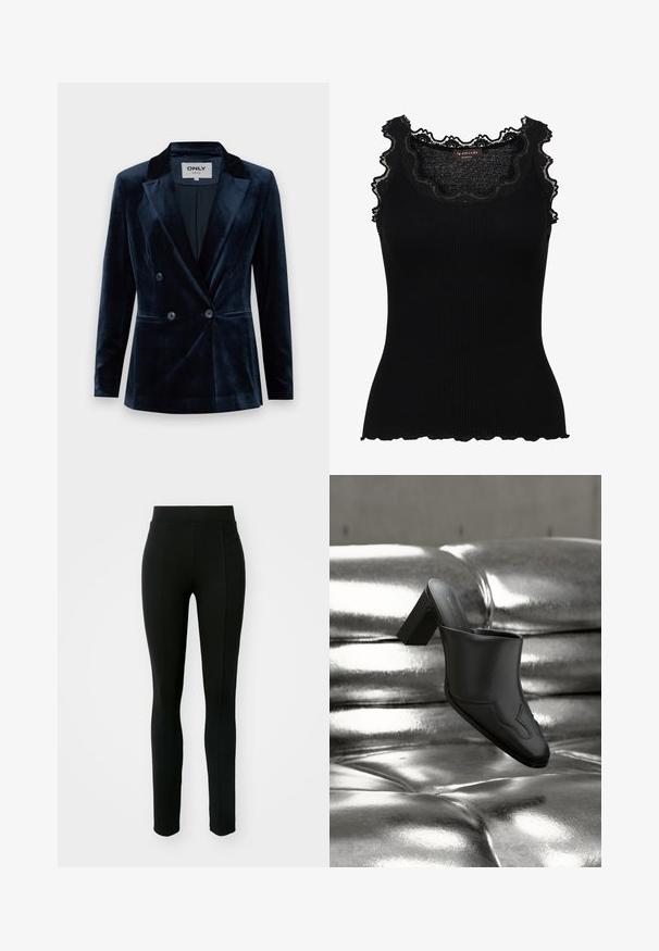 ONLY ONLASTRID ELSY FIT - Blazer - night sky; Zwarte geribbelde tanktop met kantafwerking bij de halslijn en armsgaten. Heeft een getailleerd ontwerp en gegolfde randen voor extra textuur.; Zwarte leggings van rekbaar materiaal, met een hoge taille, slim fit en twee voorzakken zonder zichtbare naden.; Zwarte leren mule met blokhak, rustend op een glanzend zilveren gestoffeerde oppervlakte, die het strakke ontwerp en de afgeronde details benadrukt.