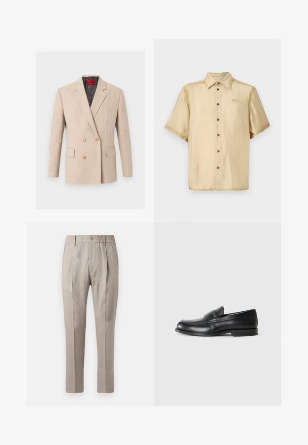 Beige dobbeltradet blazer med hakkede revers, to forlommer med klapper og lysebrune knapper, mærket med rød Hugo-label inde i kraven.; Kortærmet skjorte i lys beige satin med en blank finish, knaplukning fortil og et lille logo på venstre bryst.; Beige skræddersyede bukser med en glat overflade, der har knaplukning, elastisk talje og to forlommer. Lige ben-design.; Sorte læder loafers med rund tå, syet detaljer og en flad gummisål. Har en bred rem over vristen.