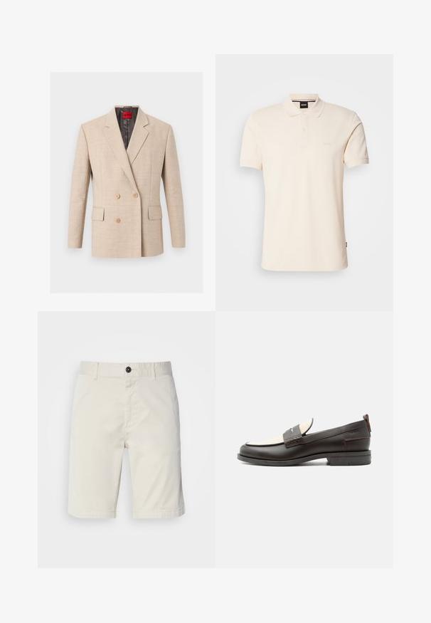 Beiger zweireihiger Blazer mit Kerbkragen, zwei vorderen Pattentaschen und hellbraunen Knöpfen, innen am Kragen mit rotem Hugo-Label.; Beige Poloshirt aus Baumwolle mit Kragen und Knopfleiste mit zwei Knöpfen. Auf der Brust ist das Logo "BOSS" gestickt, kurze Ärmel, schlichtes Design.; Helle beige Shorts aus Baumwolle, mit einem Knopfverschluss, Vordertaschen und abgestepptem Saum. Glatte Textur mit einem lässigen Design.; Dunkelbrauner Herrenschuh aus Leder mit cremefarbenem Stoffpaneel und klassischem, genähtem Riemendetail, flacher Sohle und Zuglasche an der Ferse.