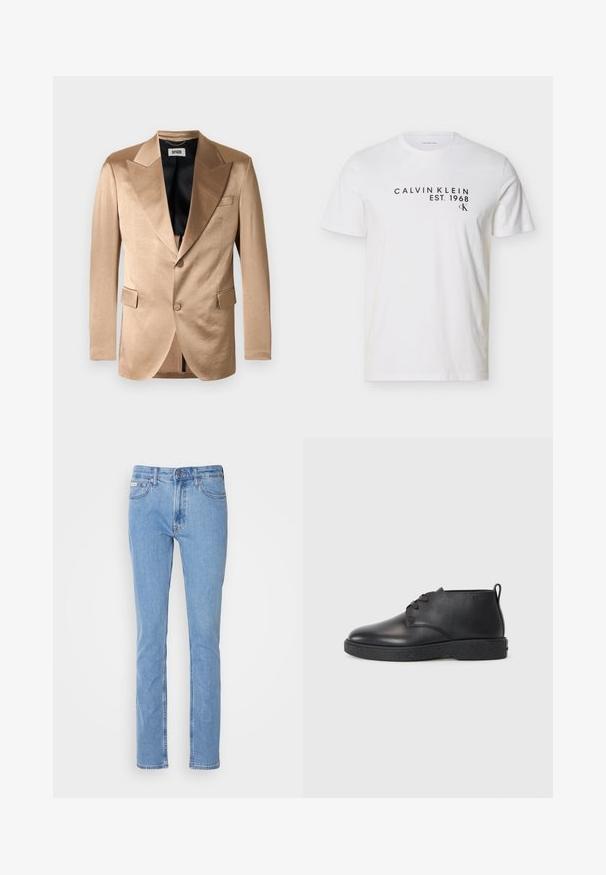 Beiger Satinblazer mit scharf geschnittenem Revers, zwei Vorderentaschen, Einknopfverschluss und schwarzer Innenfutter. Glatte Textur.; Weißes T-Shirt mit kurzen Ärmeln, schwarzem Schriftzug "CALVIN KLEIN EST. 1968" und kleinem "CK"-Logo auf der oberen Brust.; Helle blaue Jeans mit geradem Schnitt, Fünf-Taschen-Styling und einem Standardbund mit Schlaufe für einen Gürtel.; Schwarze Leder-Stiefeletten mit glatter Textur, abgerundeter Spitze und schwarzer Gummisohle. Verfügt über ein Schnürdesign und eine Fersenschlaufe für ein einfaches Anziehen.