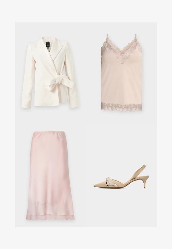 Crèmewitte op maat gemaakte blazer met lange mouwen en een grote stoffen strik gestrikt in de taille tegen een effen achtergrond.; Beige zijden cami met kanten rand langs de V-halslijn, bandjes en zoom op een effen lichtgrijze achtergrond.; Lichtroze satijnen midi-jurk met elastische tailleband en gelaagde zoomdetail, weergegeven op een effen witte achtergrond.; Beige kittenheel slingback met puntige neus, decoratieve knoop op het bovenwerk en een lage, slanke hak.