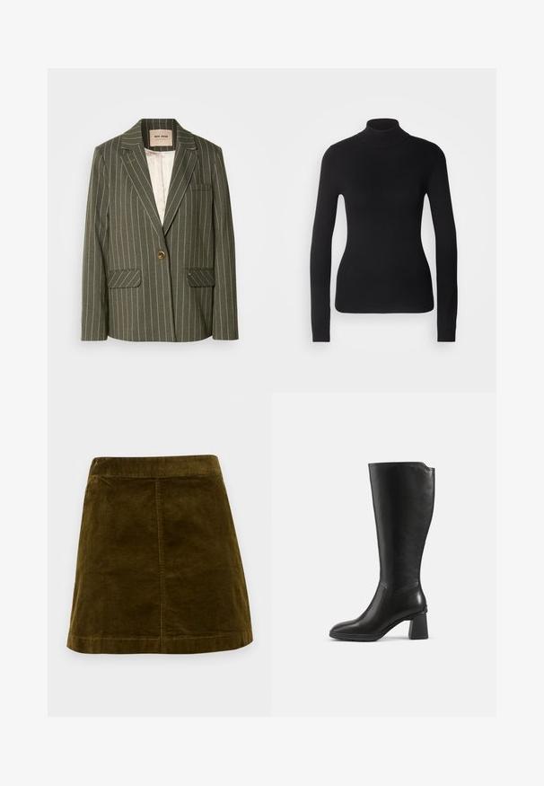 Oliven grøn blazer med hvide lodrette striber, enkelt knaplukning, to frontlommer og klapkrave-design.; Sort turtleneck sweater lavet af let strikket stof. Har lange ærmer, et tætsiddende design og en blød ribbet tekstur.; Brun kordfløjl mini skirt med lodrette ribber, lige snit og en ren kant. Har en simpel talje uden udsmykninger.; Sort knæhøj læderstøvle med blokhæl og rundet tå, vist fra siden på en ensfarvet baggrund.