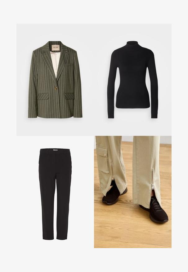 Blazer verde olivo con rayas verticales blancas, cierre de un solo botón, dos bolsas frontales y diseño de solapa muesca.; Suéter negro de cuello alto hecho de un tejido de punto ligero. Presenta mangas largas, un diseño ajustado y una suave textura acanalada.; Pantalones negros de pierna recta con cintura, trabillas para cinturón y cierre frontal oculto, mostrados sobre un fondo blanco.; Pantalones beige de pierna ancha con cremalleras en los tobillos, combinados con zapatillas deportivas negras con parte superior texturizada y suela acolchada.