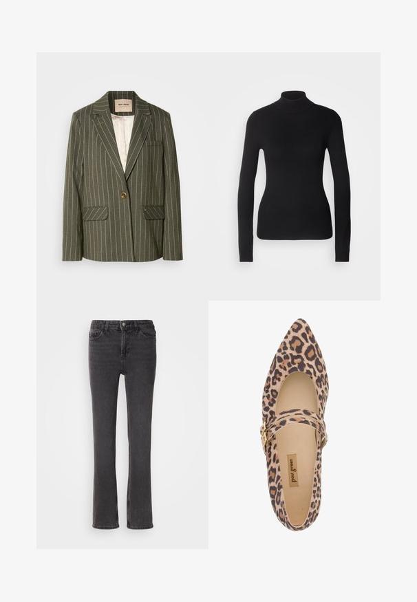 Oliven grøn blazer med hvide lodrette striber, enkelt knaplukning, to frontlommer og klapkrave-design.; Sort turtleneck sweater lavet af let strikket stof. Har lange ærmer, et tætsiddende design og en blød ribbet tekstur.; Sorte denim jeans med lige pasform, der har forlommer, lynlås og subtile stiksyninger. Stoffet har en let tekstur.; Leopard-print Mary Jane sko med spids tå, blødt stof overdel og en rem forsynet med en guldbuckle. Kig til cremeforing og sål.