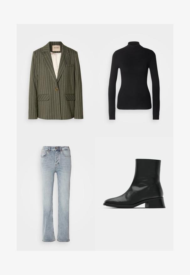 Blazer vert olive avec des rayures blanches verticales, fermeture à un seul bouton, deux poches avant et un col cranté.; Pull à col roulé noir en maille légère. Il possède des manches longues, une coupe ajustée et une texture côtelée douce.; Jeans en denim bleu clair avec une taille haute, une coupe droite et une légère évasement à l'ourlet. Dotés de surpiqûres décoratives et d'une fermeture éclair.; Bottine noire en cuir brillant, au design épuré, avec un bout pointu et un petit talon bloc pour plus de stabilité.