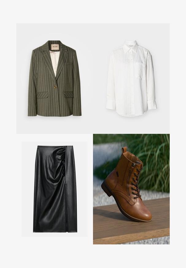Olivgrüner Blazer mit weißen vertikalen Streifen, einreihiger Knopfverschluss, zwei Vordertaschen und Reverskragen.; Weißes langärmeliges Hemd mit dezenten vertikalen Streifen, spitzem Kragen, Brusttasche vorne und geknöpften Manschetten vor einfachem Hintergrund.; Schwarzer Lederrock mit glatter Textur, der auf einer Seite einen gerafften Abschnitt und einen seitlichen Schlitz für zusätzlichen Detailreichtum aufweist.; Brauner Leder-Stiefelette mit seitlichem Reißverschluss und Schnürsenkeln, auf einer Holzoberfläche im Freien platziert, mit unscharfem Grün im Hintergrund.