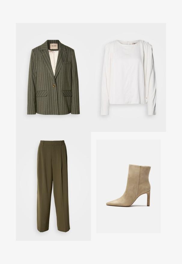 Blazer vert olive avec des rayures blanches verticales, fermeture à un seul bouton, deux poches avant et un col cranté.; Chemisier blanc à manches longues avec un col arrondi, en tissu doux, doté de plis subtils sur les épaules et d'un petit accent doré près du poignet.; Pantalons à jambes larges vert olive en tissu lisse, dotés d'une taille haute, de plis sur le devant et de poches latérales pour plus de fonctionnalité.; Zign by Zalando Bottines à talons hauts - beige