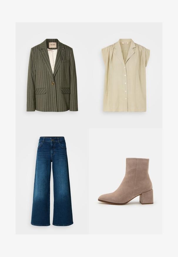 Oliven grøn blazer med hvide lodrette striber, enkelt knaplukning, to frontlommer og klapkrave-design.; Lys beige bluse med korte pufærmer, frontknaplukning og en let krave. Lavet af et blødt, let stof.; Viddejeans lavet af mørkeblå denim. Har høj talje, knaplukning og klassisk fem-lomme design med subtile falme.; Beige ruskind ankelstøvle med spids tå og en chunky kvadratisk hæl. Overfladen er glat med en blød tekstur og minimal dekoration.