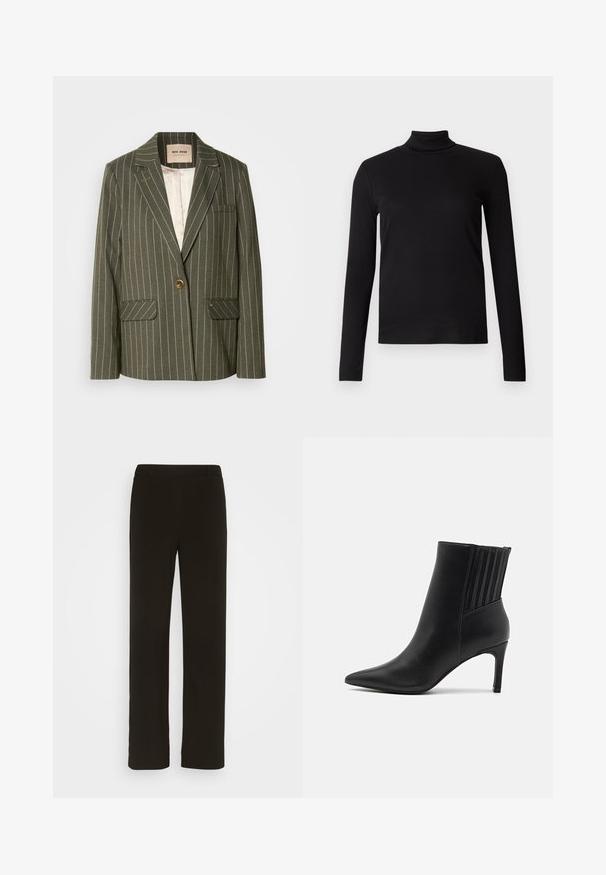 Olijfgroene blazer met witte verticale strepen, sluiting met één knoop, twee voorzakken en een notch-lapel ontwerp.; Zwarte langwerpige turtleneck shirt van zachte stof, met een aansluitend ontwerp en een gladde textuur. Geen patronen of zichtbare hardware.; Zwarte, rechte broek van geweven stof, met een platte voorkant, twee zijzakken en een gladde textuur. Geen zichtbare patronen of accenten.; Zwarte enkellaarsjes met een spitse neus en een 7 cm hoge stilettohak. Gemaakt van glad materiaal met verticale ribbelaccenten op de hak.